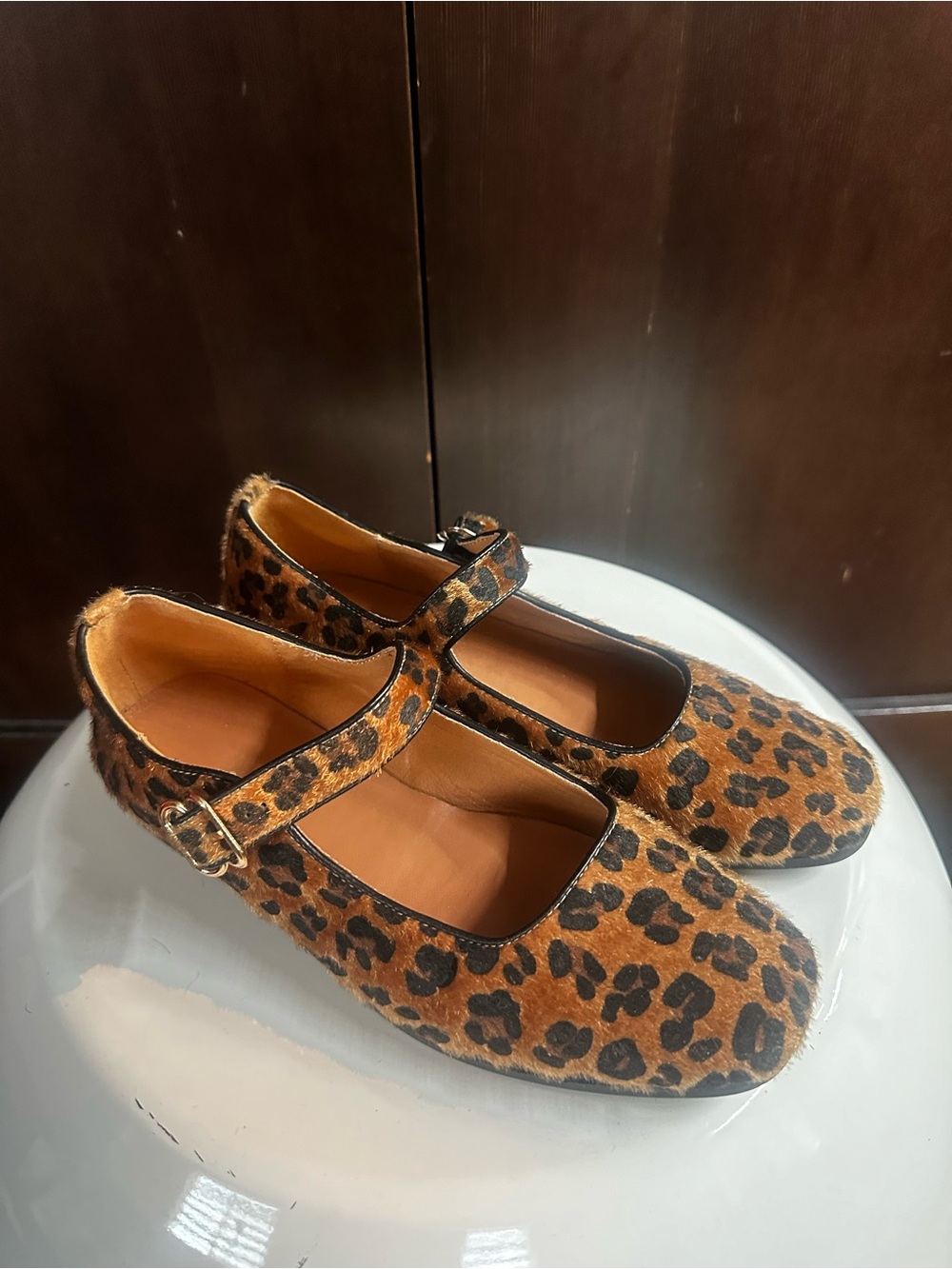 Womens Leopard calf hair Print Mary Jane flats